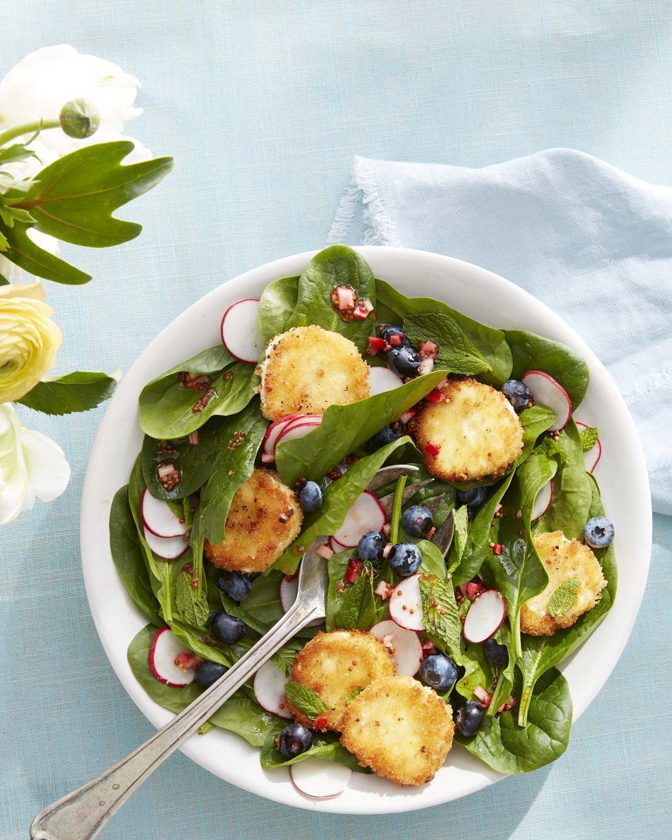 spinach and mint salad with crispy goat cheese and fresh blueberries