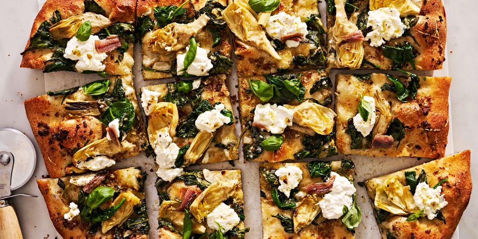 spinach artichoke flatbread with artichokes, spinach, and ricotta