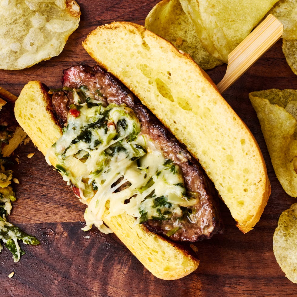 burgers filled with spinach artichoke dip