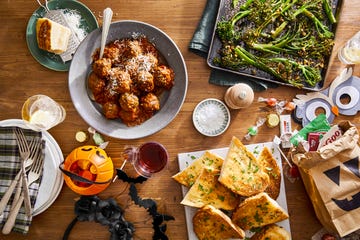 slow cooker spinach and parmesan meatballs, broiled broccolini and capers