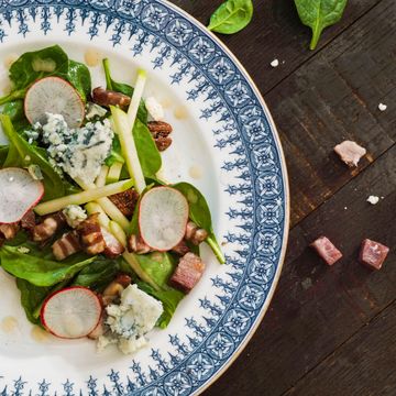 spinach salad with bacon, blue cheese, and bourbon vinaigrette