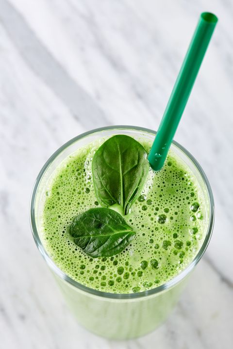 overhead shot of a spinach smoothie