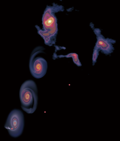 an illustration shows a spiraling star and an object passing by it over a series of five progressive time frames