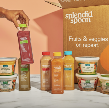 an assortment of smoothies and soups on a marble table with peach background from splendid spoon, a good housekeeping pick for best vegetarian meal delivery service