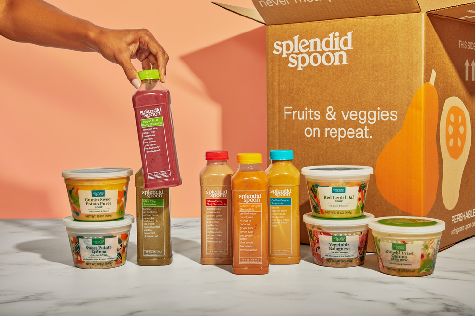 an assortment of smoothies and soups on a marble table with peach background from splendid spoon, a good housekeeping pick for best healthy meal delivery service