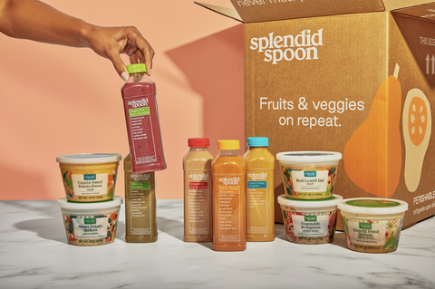 an assortment of smoothies and soups on a marble table with peach background from splendid spoon, a good housekeeping pick for best vegetarian meal delivery service