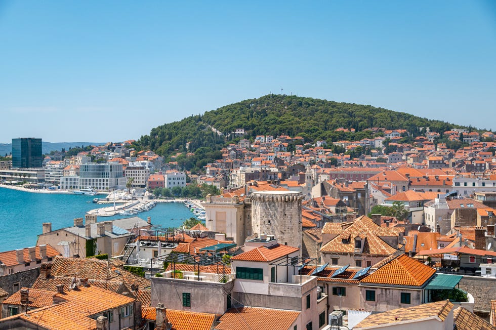 cityscape and landscape in old city in split on adriatic coast in dalmatia in croatia diocletian palace and roman town architecture at croatian dalmatian bay europe tourism and vacation in summer