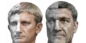 ai created photorealistic depictions of roman emperors on one half of a face and their statue equivalents on the other half