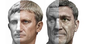 ai created photorealistic depictions of roman emperors on one half of a face and their statue equivalents on the other half