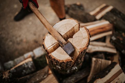 close up of firewood splitting on four