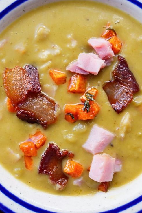 split pea soup with ham, bacon, and carrots