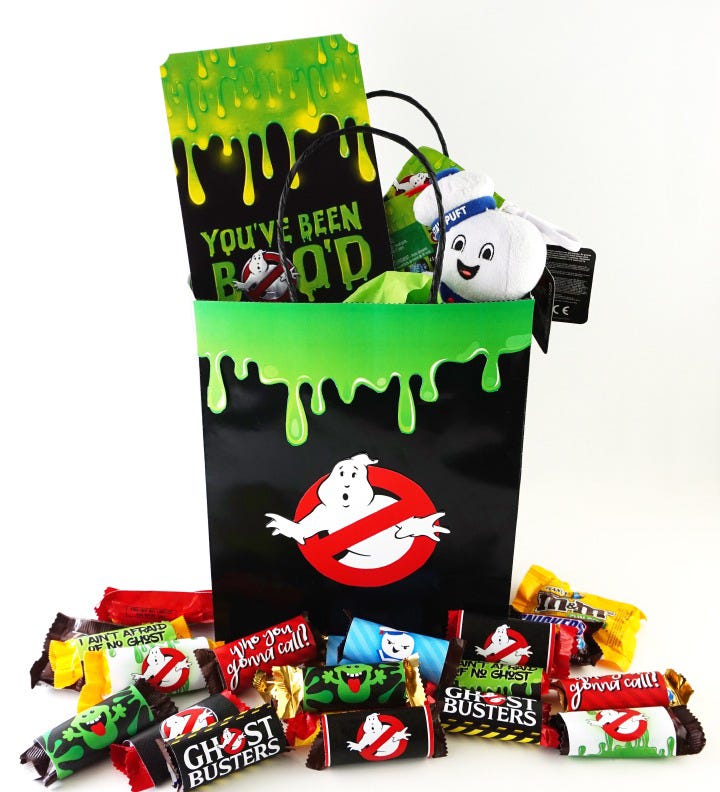 a spooky basket with a ghostbuster theme with ghostbustersthemed candy