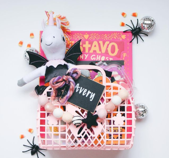 spooky basket in a pink jelly bag from snyder family co