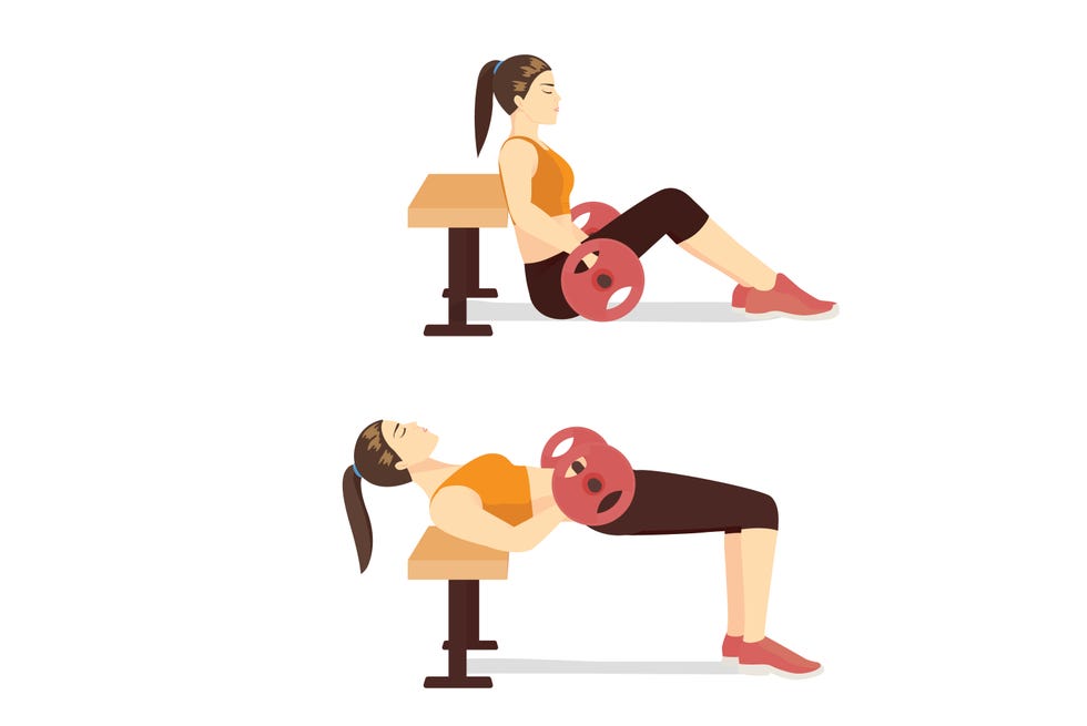 sport woman doing hip thrust with a barbell and bench in 2 steps workout with heavyweights barbell