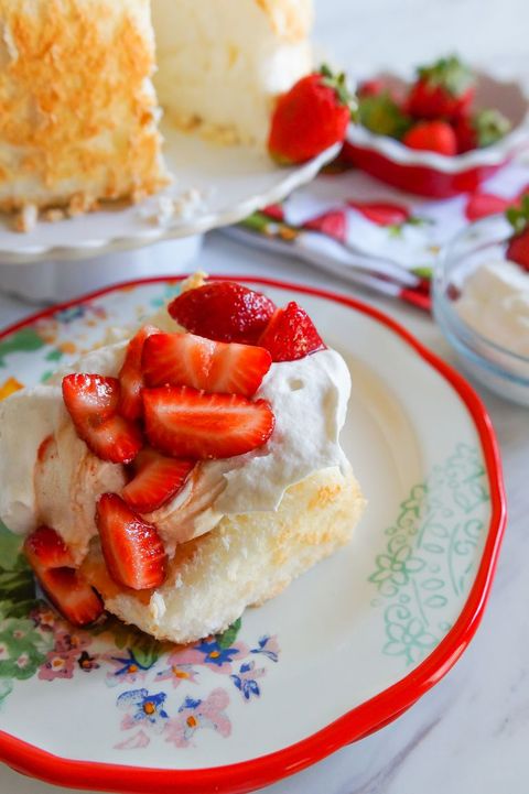 spring cake recipes angel food cake on plate with strawberries