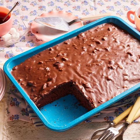 spring cake recipes chocolate wacky cake in blue baking dish