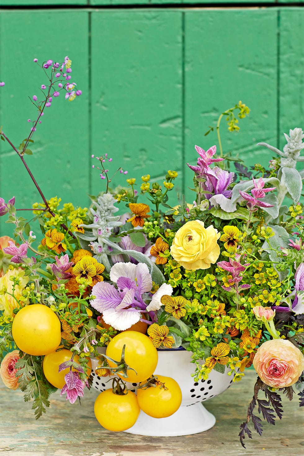 spring centerpieces - flower-filled colander