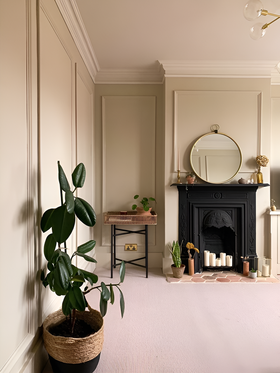 Cozy living room with fireplace and plants