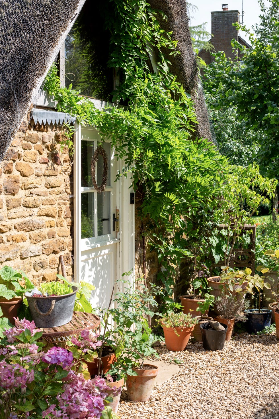 Picture entrance of a house that is decorated with plants and flowers