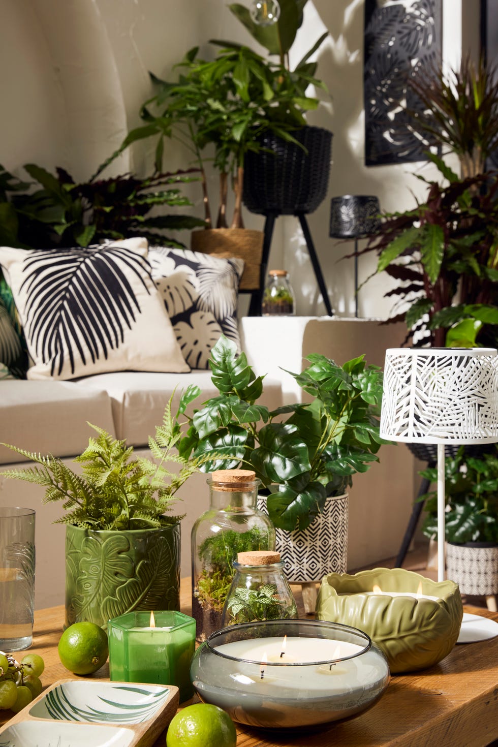 Decorative interior arrangement with plants and candle exhibitions