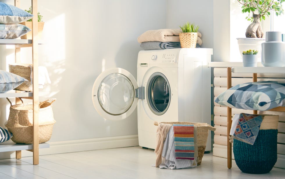 Interior of a washroom with washing machine