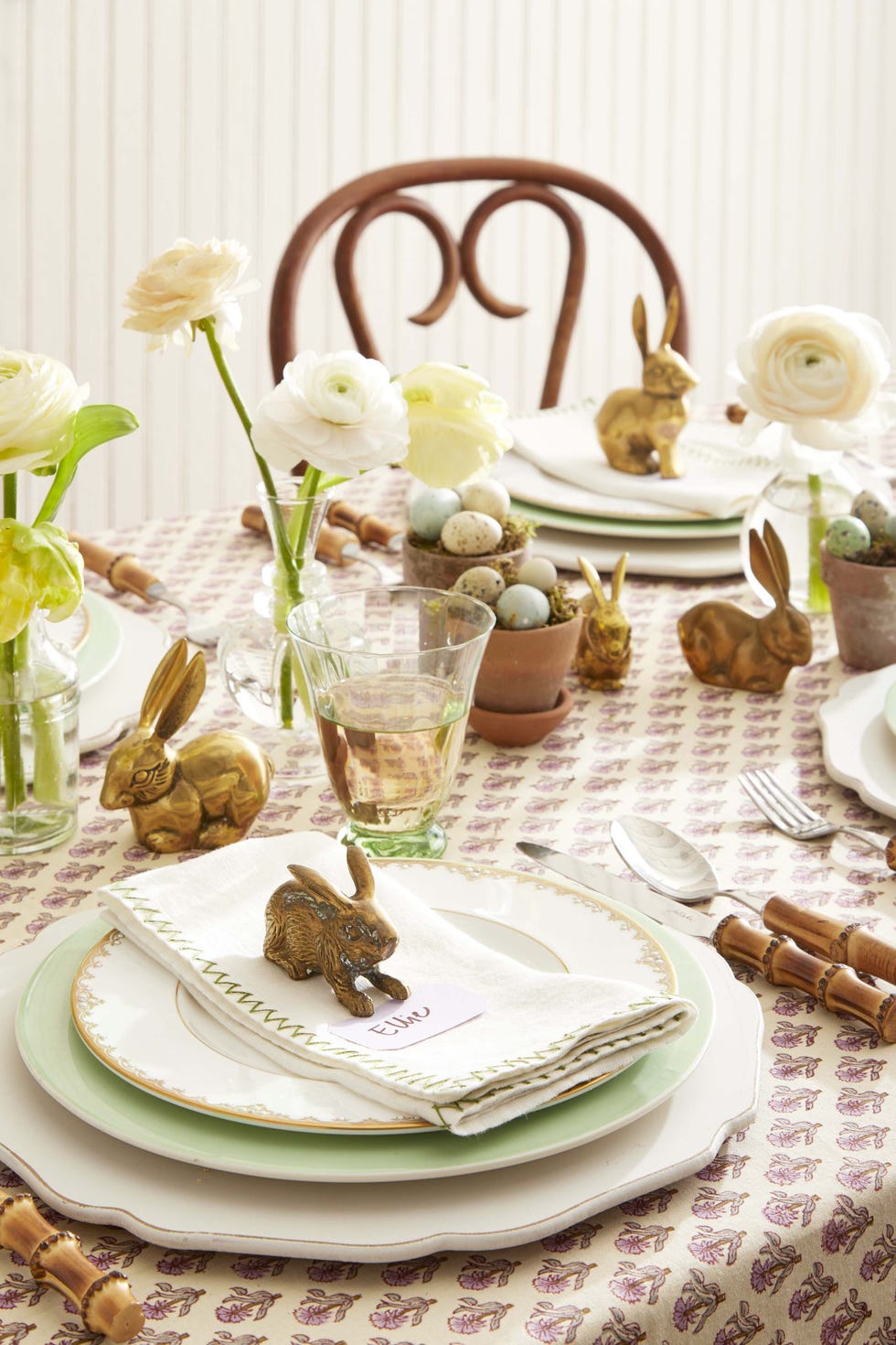 brass bunnies on easter table