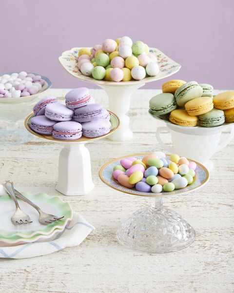 easter candies and macarons on candy stands