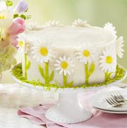 white frosted lemon layer cake decorated around the sides with sugar daisies growing from green coconut grass