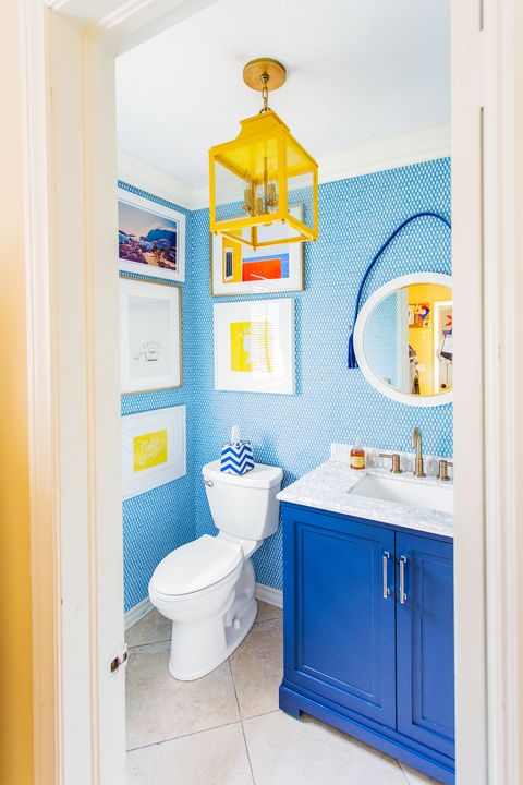 bathroom with bright blue and yellow accents