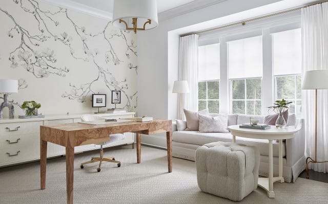 home office with floral wallpaper