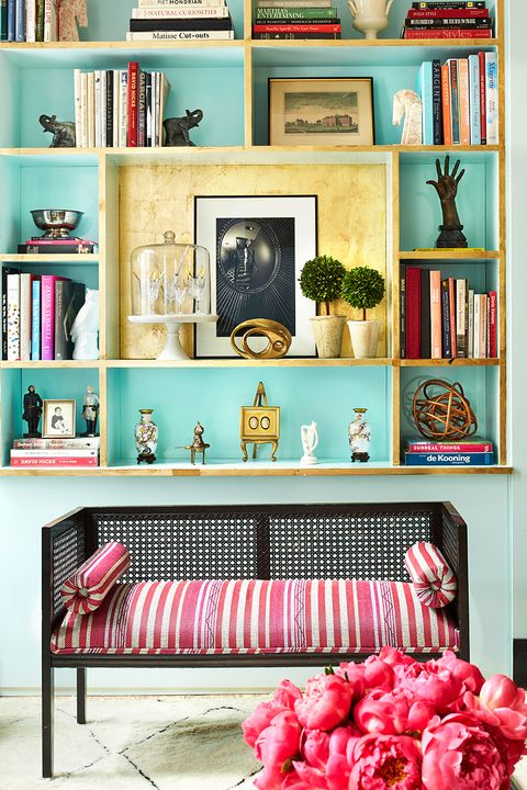 Furniture, Room, Pink, Shelf, Living room, Red, Turquoise, Shelving, Interior design, Home, 