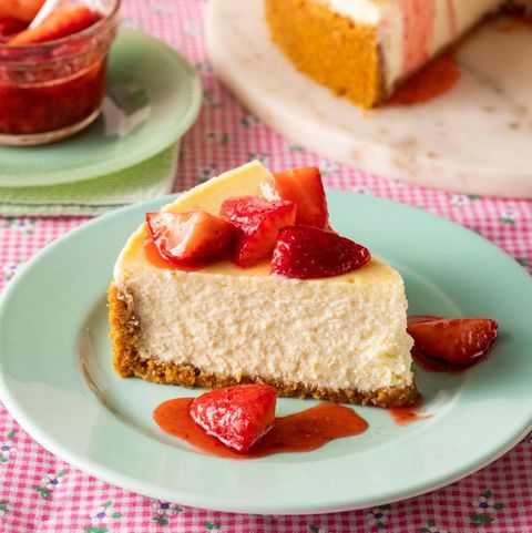 strawberry cheesecake slice on plate