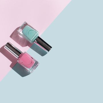 spring nail colours, colourful nail polish, top view, copy space