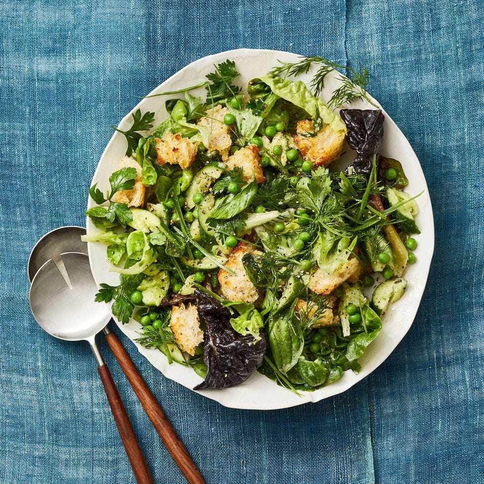 a green spring panzanella and toasted croutons