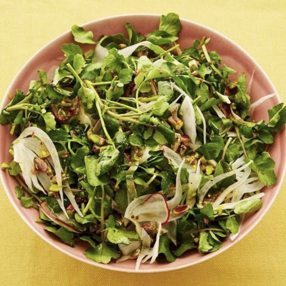 spring watercress salad with pistachios