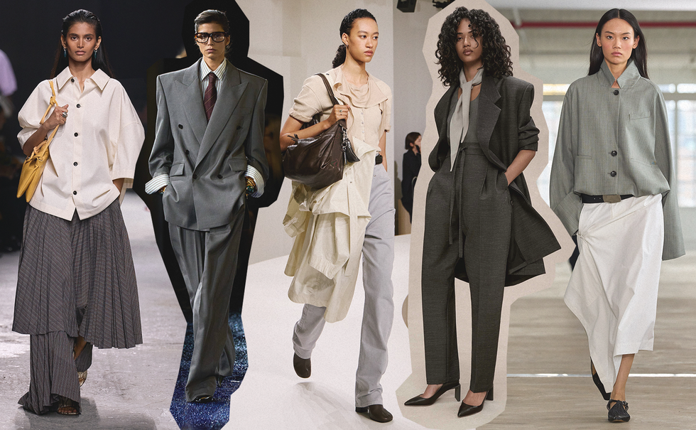 collection of contemporary fashion outfits displayed on models