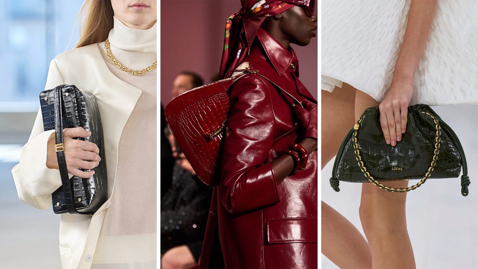 fashion display featuring three stylish handbags held by models