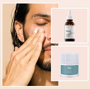 This is an image man rubbing skincare product on face, the ordinary squalane and three sips squalane day cream