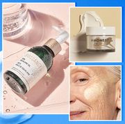 various squalane skincare products with an older woman testing a cream on her face