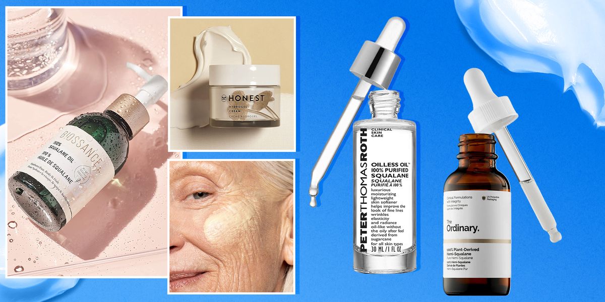 various squalane skincare products with an older woman testing a cream on her face