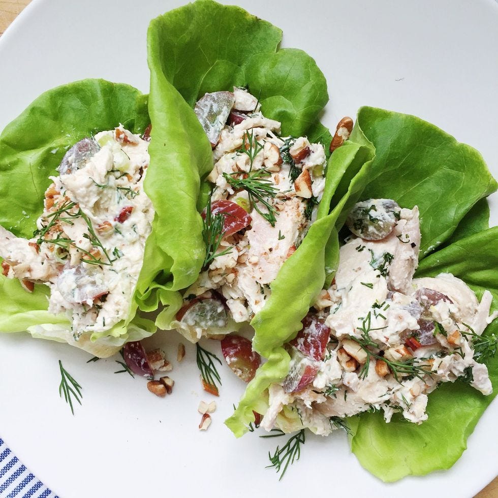 chicken salad lettuce wraps with grapes and pecans