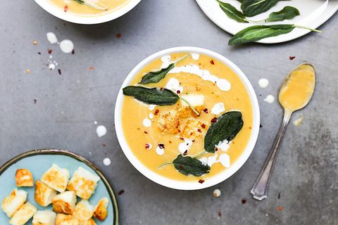 healthy slow-cooker soups: butternut squash and apple soup with fried sage and halloumi
