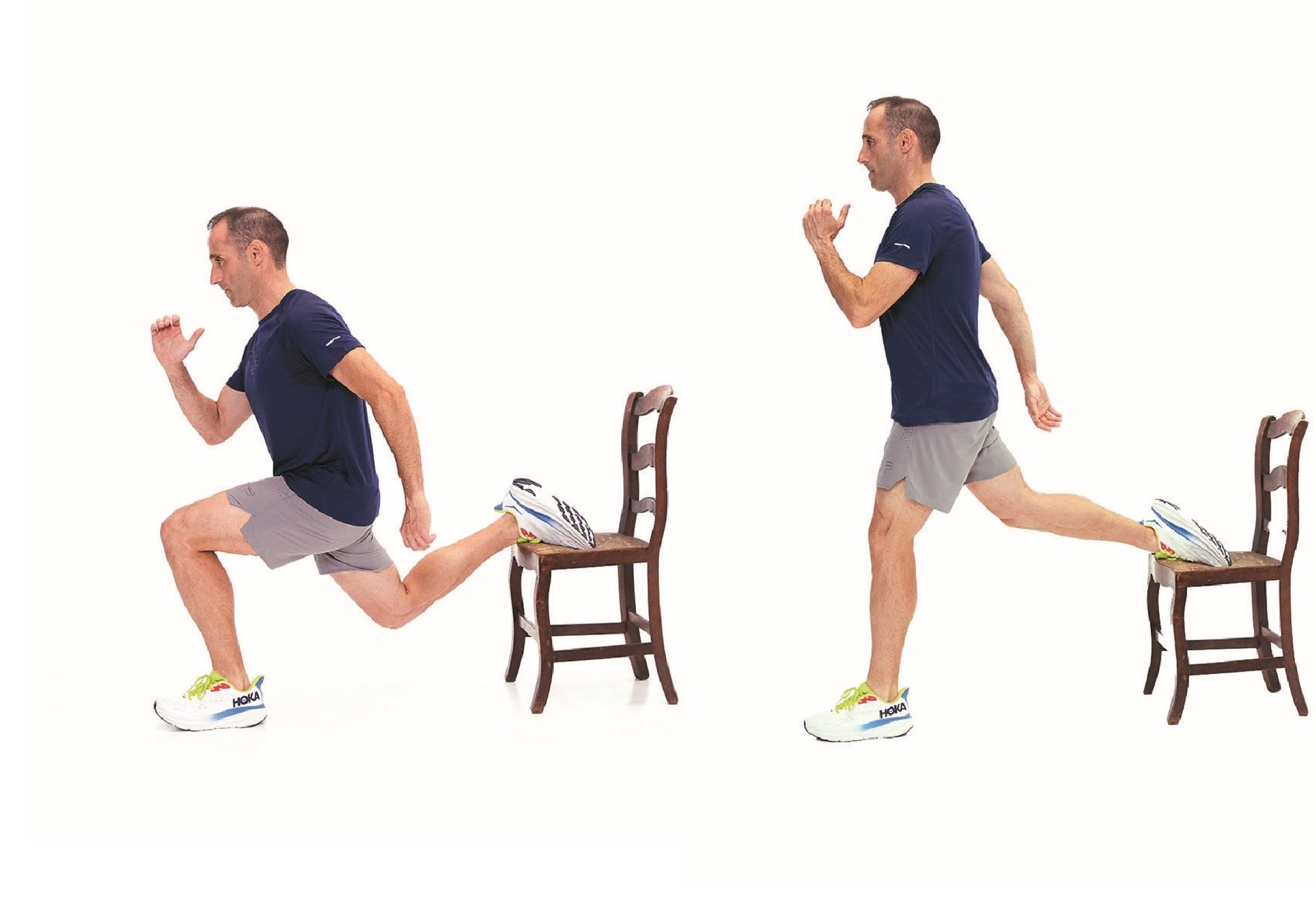 demonstration of a lunging exercise with a chair for support