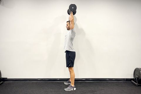 dumbbell push workout, squat to overhead press