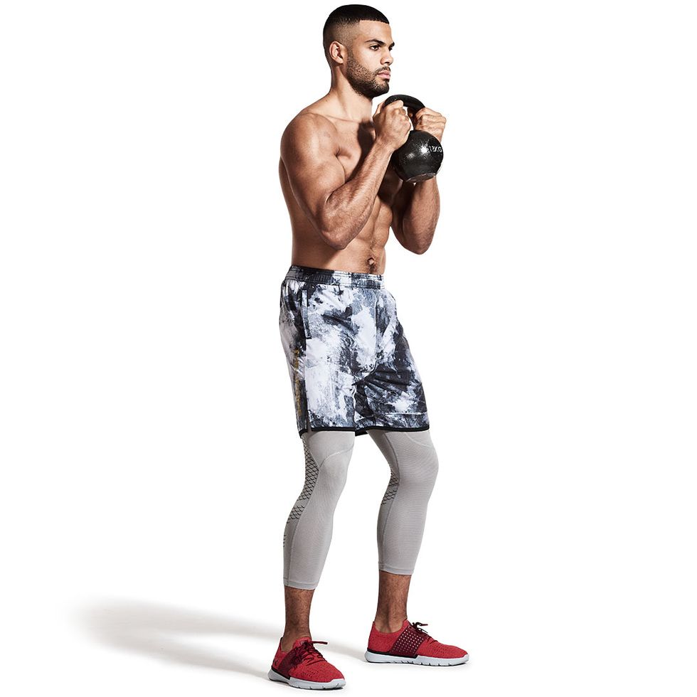 board short, Standing, Boxing, Shorts, Muscle, Arm, Kettlebell, Sports equipment, Knee, Contact sport, 
