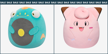 two plush toys featuring stylized characters one green and one pink