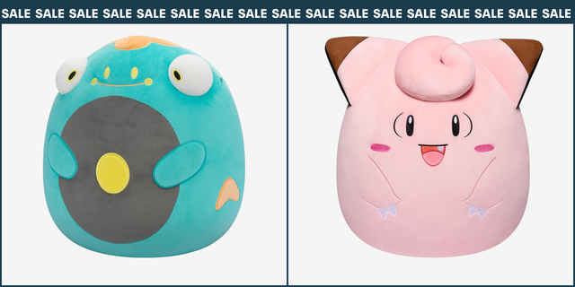 two plush toys featuring stylized characters one green and one pink