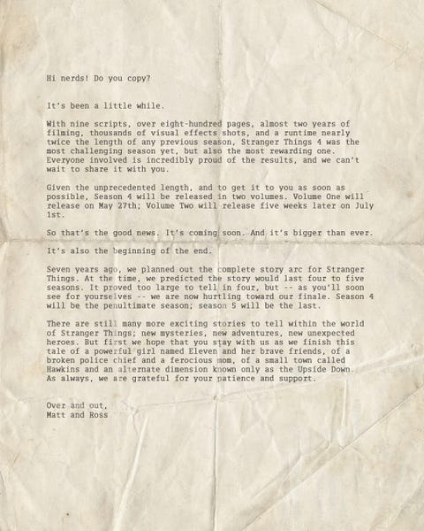 stranger things letter from matt and ross duffer