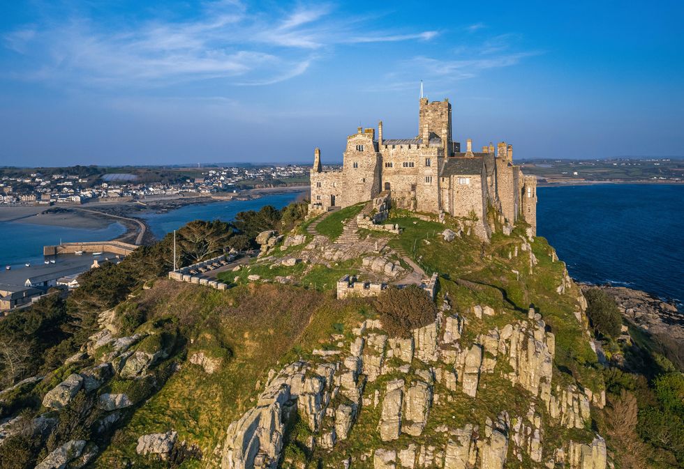 st michaels mount from a drone, marazion, penzance, cornwall, england, united kingdom