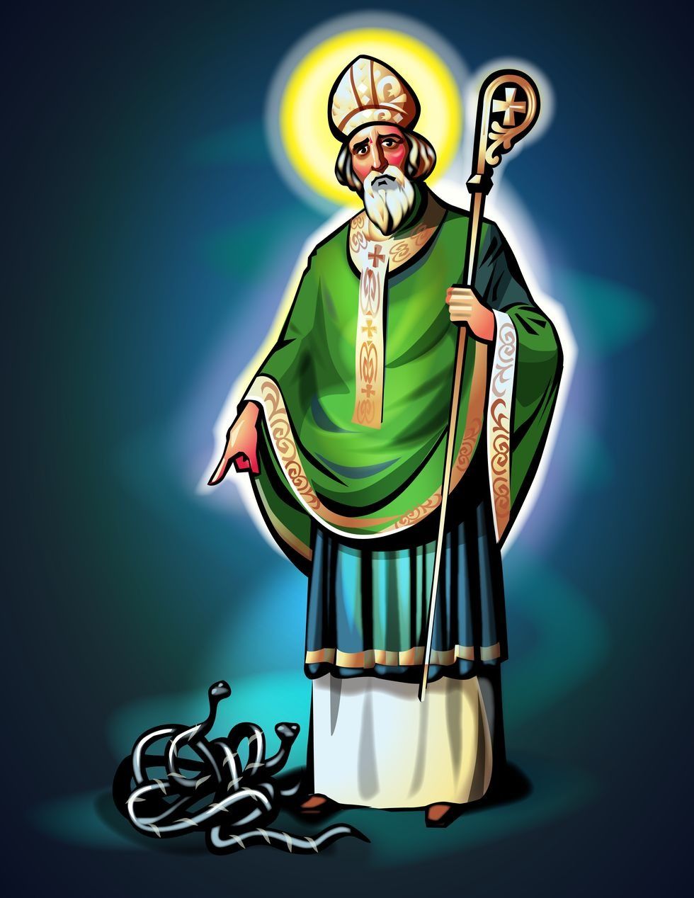 illustration of st patrick pointing to snakes